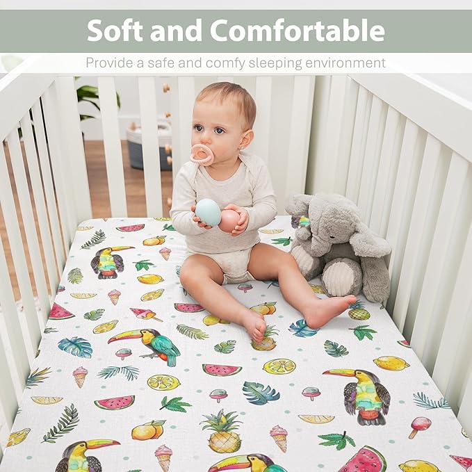 Toucan Tropical Flowers Leaves Baby Crib Sheets for Boy Girl 52"x28" Summer Birds Fruits Soft Snug Fitted Crib Mattress Cover Beach Vacation Baby Sheet for Standard Crib and Toddler Bed Mattresses