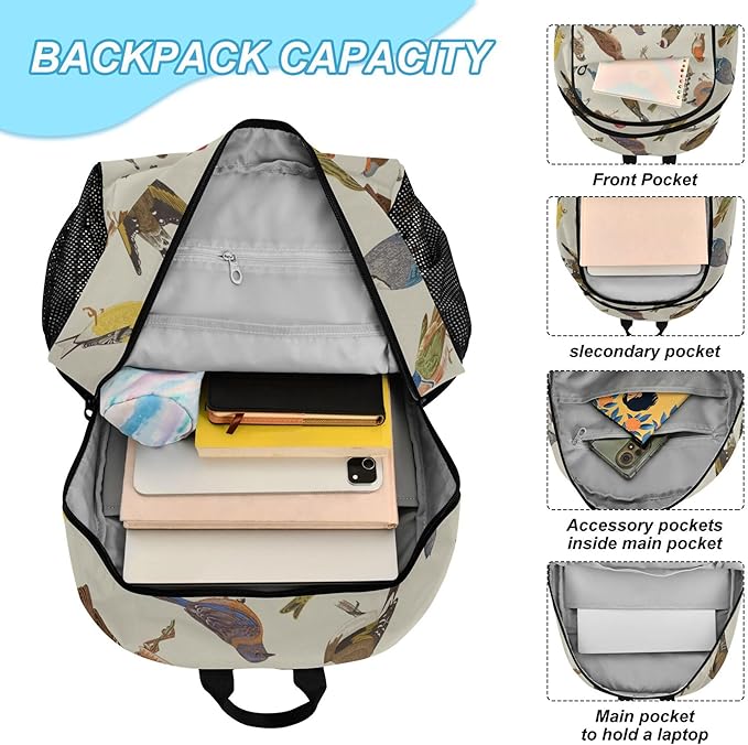Jucciaco Vintage Birds Backpack with Lunch Bag, School Travel Backpack for Teens Boys Girls Kids Backpacks Set