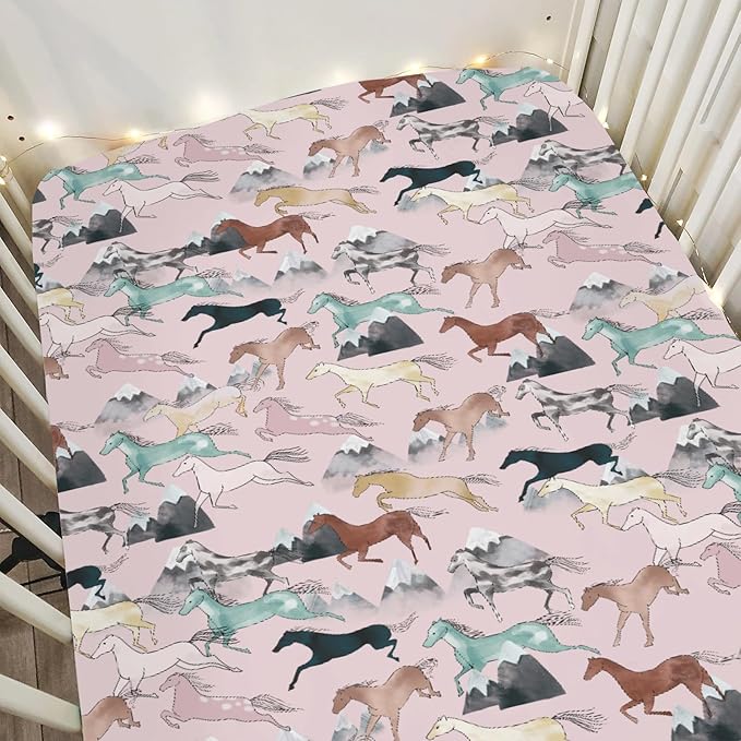 Boho Horses Mountains Baby Crib Sheets for Boy Girl 28"x52" Wild Horses Blossom Soft Snug Fitted Crib Mattress Covers Horse Lovers Nursery Baby Sheet for Standard Crib & Toddler Bed Mattress Pink
