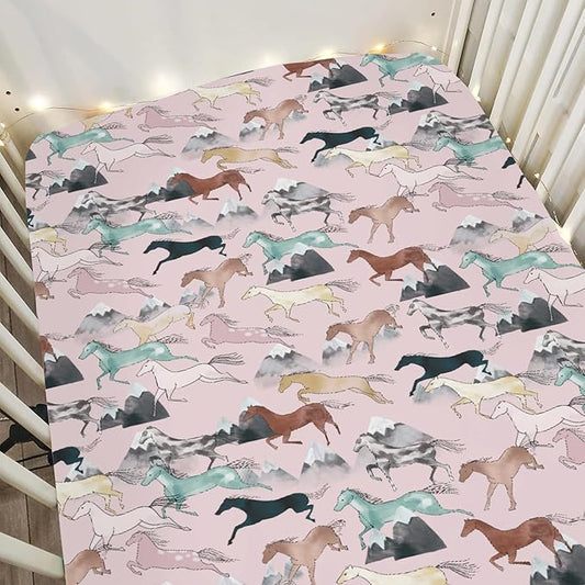 Boho Horses Mountains Baby Crib Sheets for Boy Girl 28"x52" Wild Horses Blossom Soft Snug Fitted Crib Mattress Covers Horse Lovers Nursery Baby Sheet for Standard Crib & Toddler Bed Mattress Pink