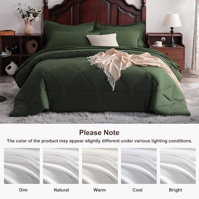 NTBAY Queen Comforter Set with Sheets, 7 Pieces Soft and Breathable Queen Bedding Set, Bed in a Bag, Down Alternative Comforter Set Solid Color All Season, Queen Bedding Set, Olive Green