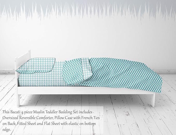 Bacati - Houndstooth/Herringbone 100% Cotton Muslin 4 Piece Neutral Toddler Bedding Set for US Standard Crib/Toddler Beds (Aqua)