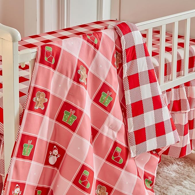 Christmas Crib Bedding Set 3 Pcs Pink Red Plaid with Gingerbread Man, Soft Quilted Comforter Sheet & Skirt, Festive Baby Crib Bedding