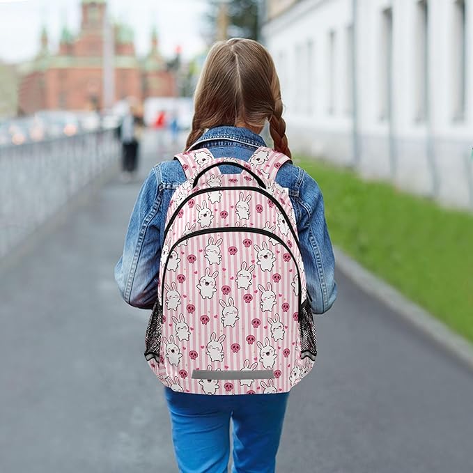 MNSRUU School Backpack with Chest Strap, Doodle Kawaii Rabbit Laptop Backpack, Travel Hiking Backpack for Boys Girls, Rucksack, Knapsack One Size