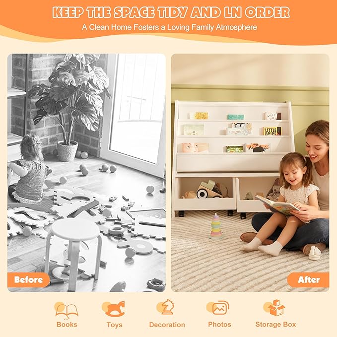 HedoAjim Kids Bookshelf with Two Movable Drawers Toddler Bookcase with Toy Storage Organizer Child Sling Book Rack Baby Cabinet Chest with Wheels for Nursery,Playroom,Bedroom,Living Room,Classroom