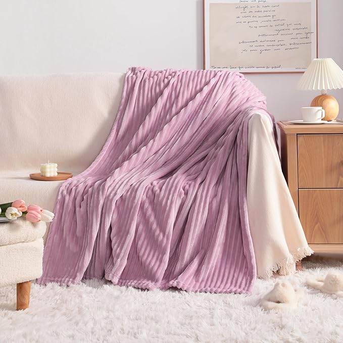NTBAY Plush Flannel Twin Bed Blanket, 60X80 Inches Soft and Warm Lightweight Blanket with Striped Texture Bed Blanket for Couch Sofa Bed All Seasons, 60"x80", Light Purple