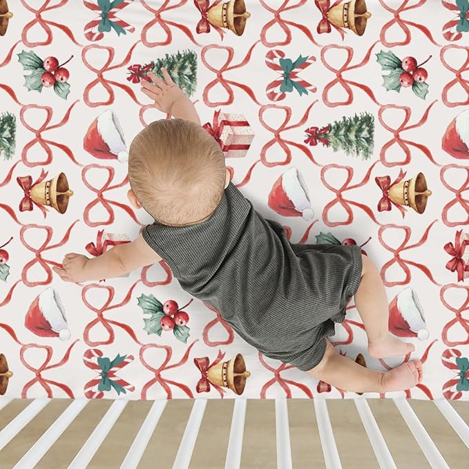 Red and Green Christmas Stripe Baby Crib Sheets for Boy Girl 52"x28" Santa Hat Fir Trees Gift Bows Soft Snug Fitted Crib Mattress Cover Winter Holiday Baby Sheet for Standard Crib & Toddler Mattress
