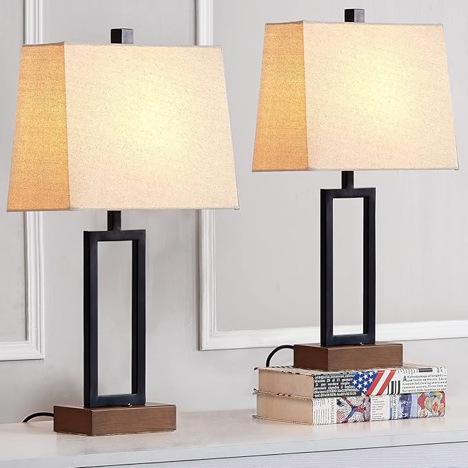 Lolikit Table Lamp for Bedroom Set of 2 with 2 USB Ports and AC Power Outlet, 23.5" Modern Bedside Lamp, Wood Nightstand Lamp with Linen Shade for Living Room Hotel Desk(LED Bulb Included)