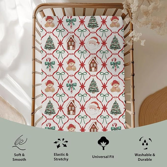 Red and Green Christmas Stripe Baby Crib Sheets for Boy Girl 28"x52" Bear Santa Trees Bows Candy Soft Snug Fitted Crib Mattress Cover Winter Holiday Baby Sheet for Crib & Toddler Bed Mattresses