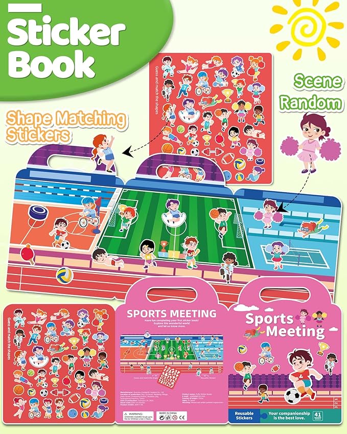 Benresive Reusable Sticker Books for Toddlers, Fun Travel Stickers for Kids, Toddler Sticker Book, Crafts Activities for Toddlers, 3 and Up Birthady Gifts - Sports