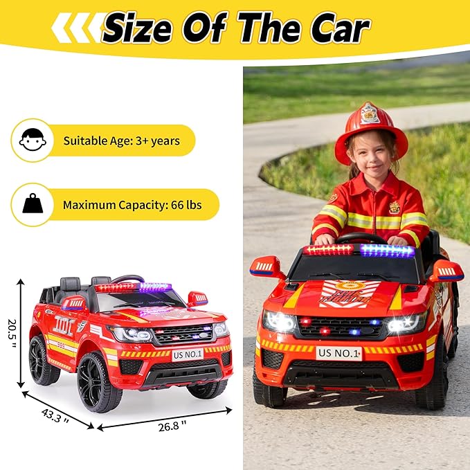 TOBBI Fire Truck Ride on Toys 12V Fire Engine Giant Firetrucks Firefighter Fireman Ride On Car with Remote Control, Siren-Call, Walkie-Talkies, Bluetooth for Toddlers, Red