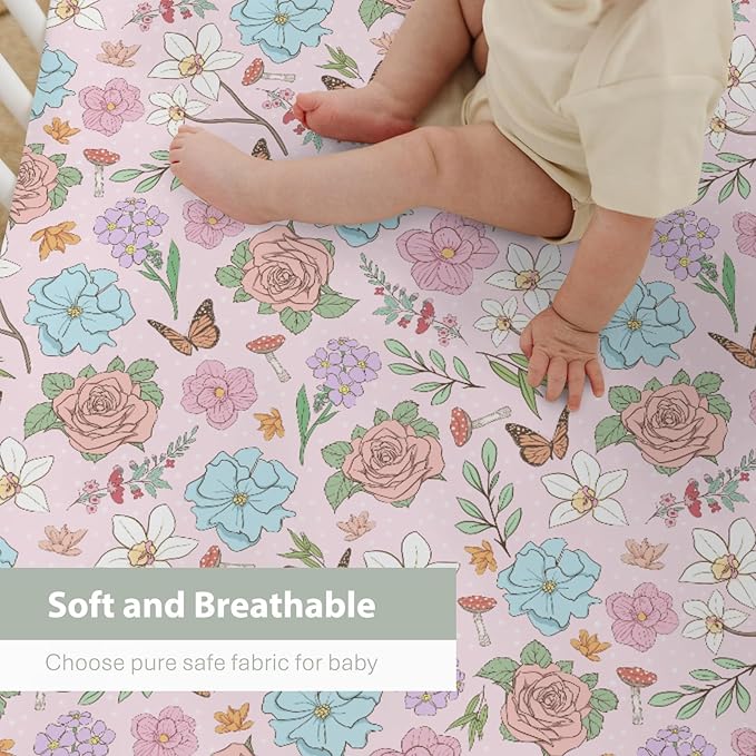 Vintage Wildflowers Baby Crib Sheets for Boy Girl 28"x52" Pink Floral Leaves Mushroom Butterflies Soft Snug Fitted Crib Mattress Cover Spring Garden Baby Sheet for Standard Crib and Toddler Mattress