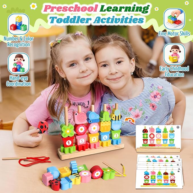 Toys for 2 3 4 Year Old Girl Boy, Wooden Montessori Toys for Ages 2-4 Toddler, Birthday Gifts for Girls Age 2 3 Stacking Blocks & Lacing Beads Sequence for Kids, Toddlers Preschool Learning Activities