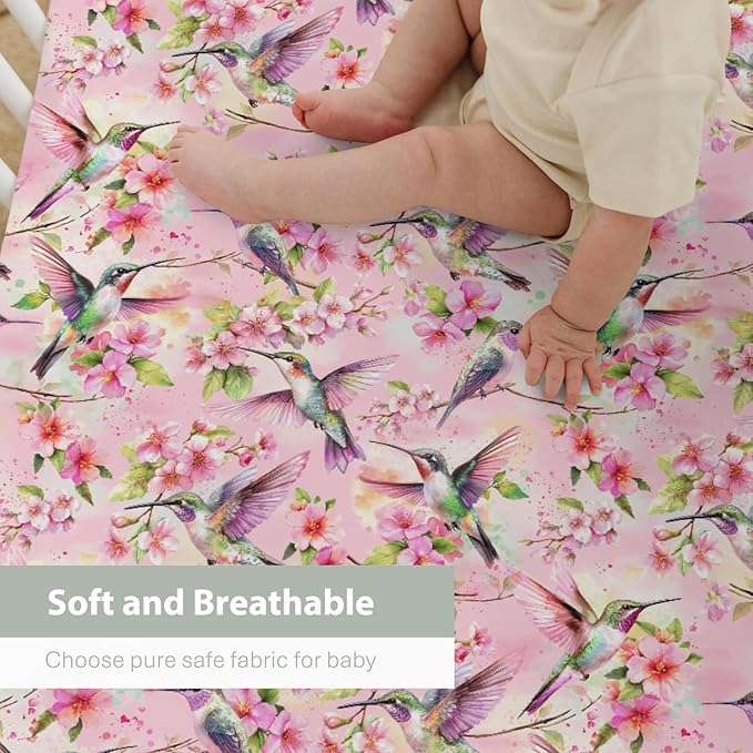 Hummingbird Pink Floral Baby Crib Sheets for Boy Girl 52x28Inch Spring Birds Blossoms Soft Stretchy Fitted Crib Mattress Cover Forest Animals Nursery Baby Sheet for Standard Crib & Toddler Mattress