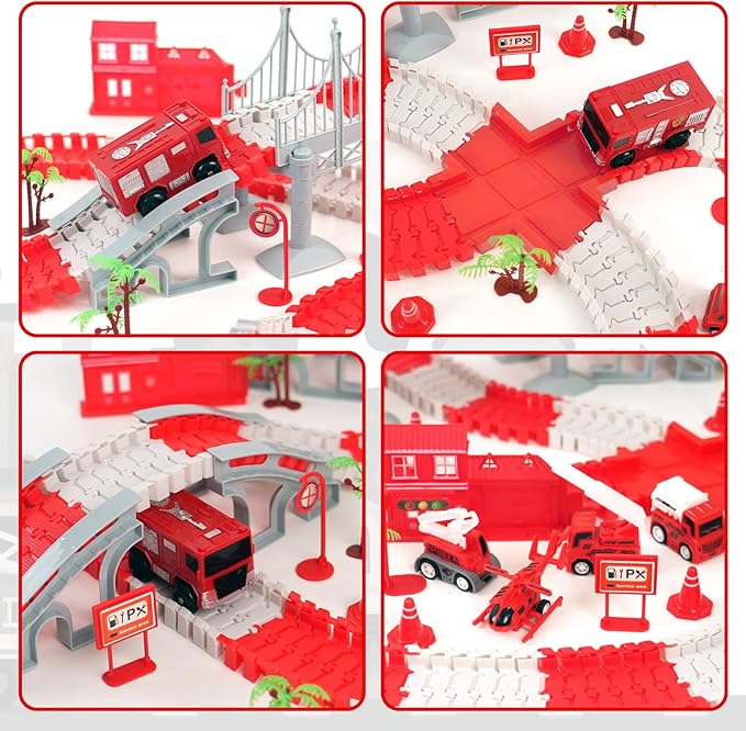 BEMITON Race Track Playset for Kids - Flexible DIY Car Track Toy, Educational Birthday Gift for Boys Ages 3 4 5 6 7, 330+ PCS Building Kit with Fire Trucks