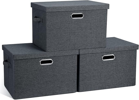 Graciadeco Large 17" 36 Quart Collapsible Stackable Storage Bins with Lids, 3 Packs Dark Gray Foldable Fabric Closet Storage Boxes with Lids, Heavy-duty Linen Cube Baskets(17x12x11)