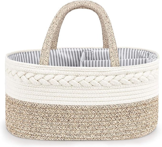 Maliton Baby Diaper Caddy Organizer, X-Large Cotton Rope, Rustic Style, Portable, 3 Compartments, A-Brown