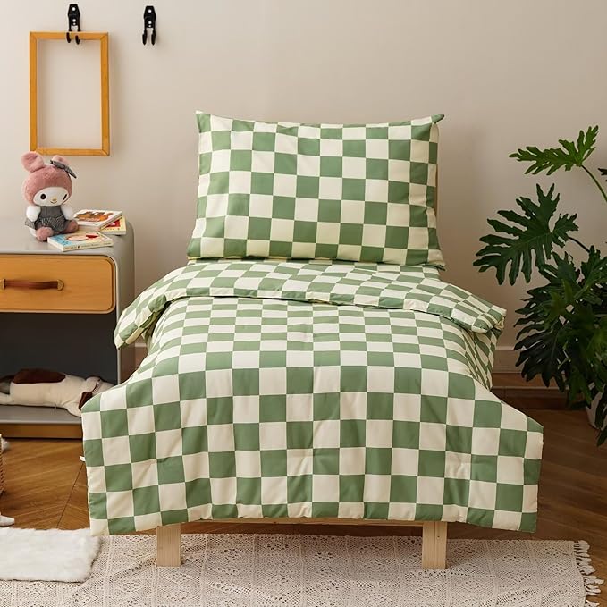 CLOTHKNOW Plaid Toddler Bedding Sets for Boys Grils, 4 Pieces Green White Grid Checkerboard Pattern, Soft Crib Bed Set Including Comforter, Flat Sheet, Fitted Sheet and Pillowcase, Green Beige