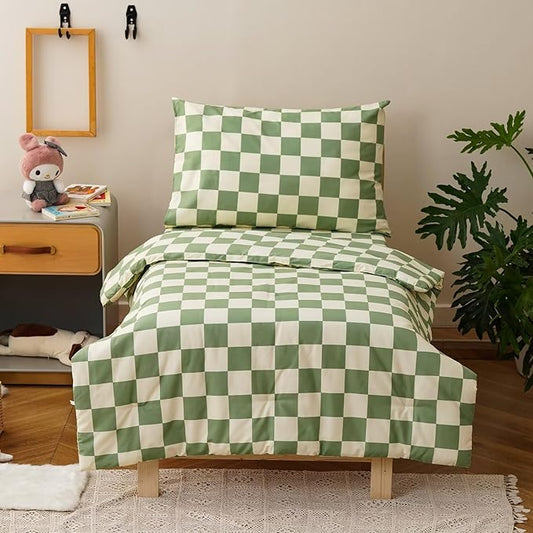 CLOTHKNOW Plaid Toddler Bedding Sets for Boys Grils, 4 Pieces Green White Grid Checkerboard Pattern, Soft Crib Bed Set Including Comforter, Flat Sheet, Fitted Sheet and Pillowcase, Green Beige