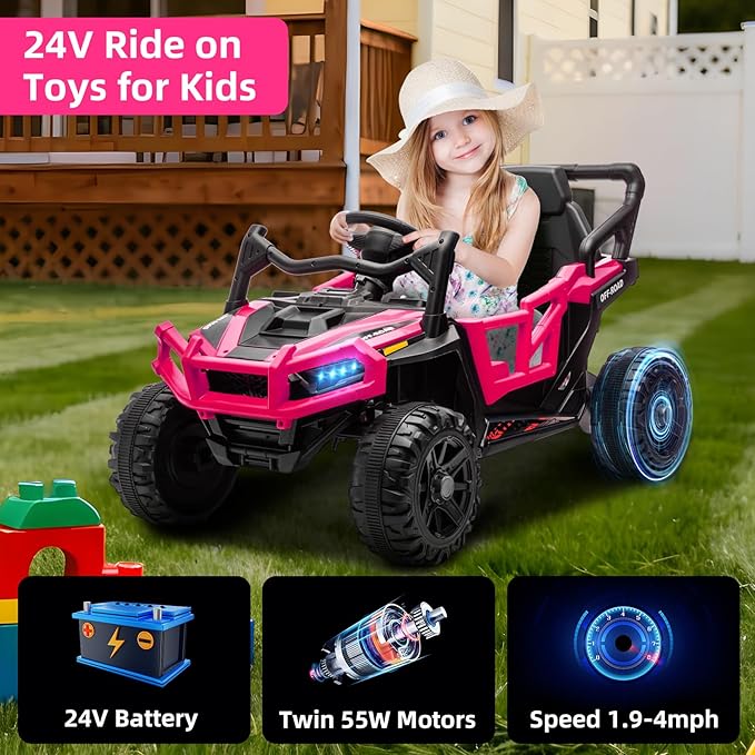 24V Kids Ride on Truck Car Remote Control, Twin 55W Motors 4MPH Max Speed Off-Road UTV, Bluetooth Music, Suspension System Safety Belt, Electric Vehicles Gift for Boys & Girls-Rosy