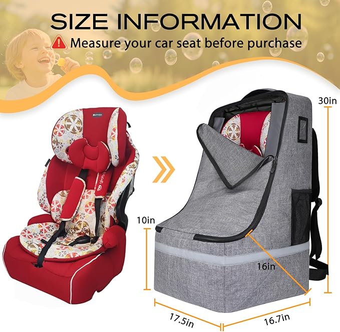 LARIPOP Car Seat Travel Bag for Airplane,Infant Seat Travel Bag with Shoulder Strap,Padded Car Seats Backpack with Reflective Stripes,Large Carseat Carrier Bag Travel Car Seat Cover,Grey