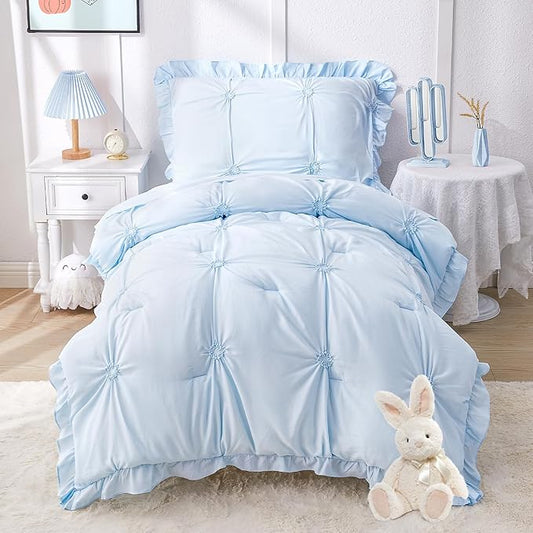 Wowelife Boho Tufted Toddler Bedding Set for Girls, 4 Pcs Ruffle Floral Crib Bed Sheets Set, Jacquard Embroidery Toddler Comforter Set Includes Comforter, Fitted Sheet, Top Sheet and Pillowcase, Blue