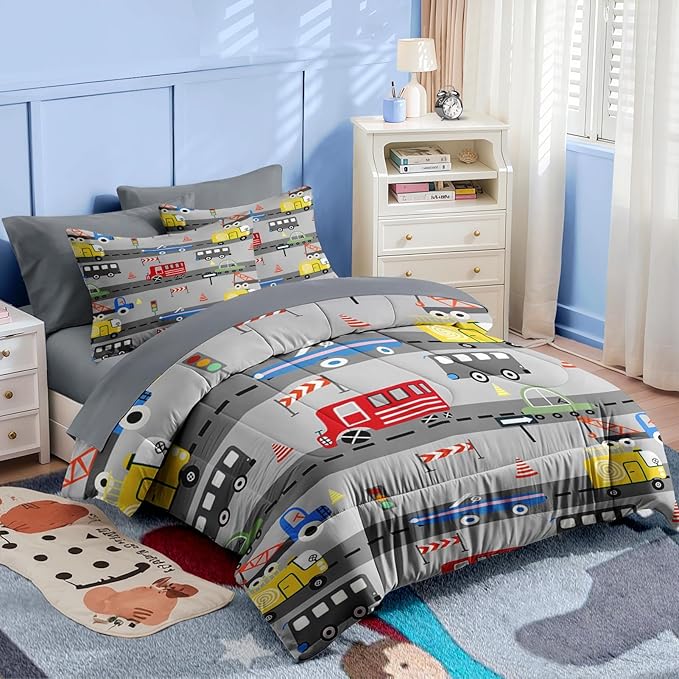 Nesker 4 Pcs Comforter Set Toddler Size, Car Bus Truck Bedding for Kids Teen, Tree Constrution Road Bed Sheet with Pillowcase & Sham