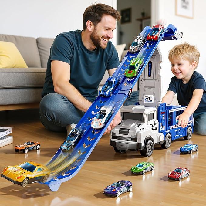 Toddler Car Truck Toys for 3 4 5 6 7 8 Years Old Boys, Transporter Truck Toy Track Set with 12 Die-Cast Car Toys, Toy Gifts for 3 4 5 6 Year Old Boys Kids
