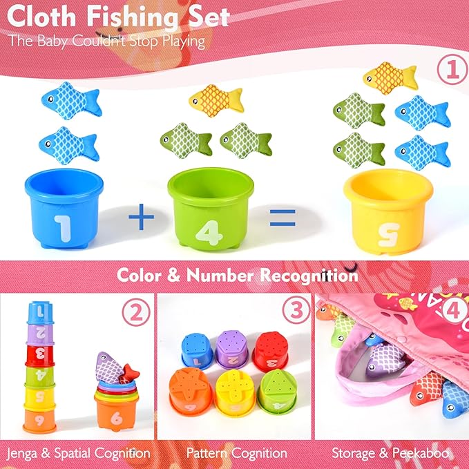 Montessori Toys for 1 Year Old - 20PCS Cloth Toddler Pink Fishing Game with Stacking Cups,Baby Color Sorting Toy 12-18 Months One Year Old Birthday Gift,Toddler Toys for 1 2 3 Year Old Boy Girl Gifts