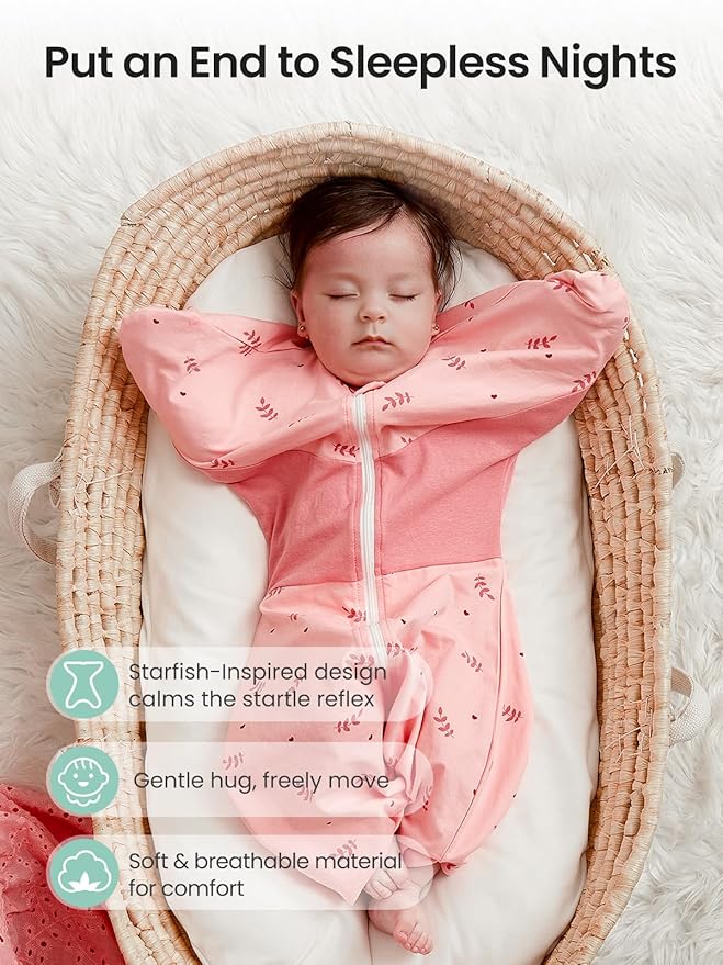 GROWNSY Transitional Swaddle Sleep Sack 3-6 Months, Starfish Design Baby Swaddle Sack, Dual-Zipper for Easy Diaper Changes, Proper Hip Development & Openable Foot Button, 12-20lbs, Pink