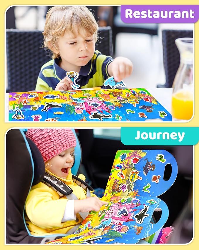 Benresive Reusable Sticker Books for Toddlers, Fun Travel Stickers for Kids, Toddler Sticker Book, Crafts Activities for Toddlers, 3 and Up Birthady Gifts - Ocean World