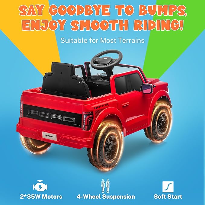 ENYOPRO 12V Licensed Ford F-150 Raptor Kids Ride On Truck, Electric Toy Car for Children w/Parent Remote Control, LED Lights, Bluetooth, Battery-Powered Ride On Car for Boys & Girls Ages 3 and Up, Red