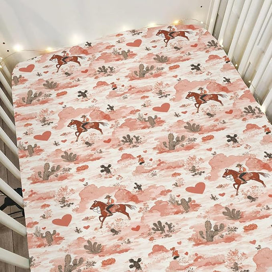Retro Cowgirl Horse Cactus Love Baby Crib Sheets for Boy Girl 52x28Inch Western Cowgirl Hearts Soft Stretchy Fitted Crib Mattress Cover Wild Desert Baby Sheet for Standard Crib and Toddler Mattress