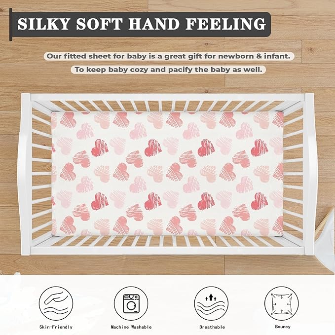 Pink Hearts Fitted Crib Sheet Line Heart Baby Crib Sheet Fit Standard Crib and Toddler Mattress,Crib Mattress Sheets for Boys Girls 28"x52"