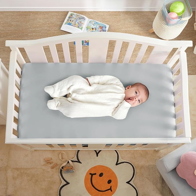 Horbaunal 2 Pack Satin Crib Sheets for Baby, 52" x 28" x 8" Silky Fitted Crib Sheets, Soft Toddler Sheet Baby Mattress Sheet, Blush Pink & Grey