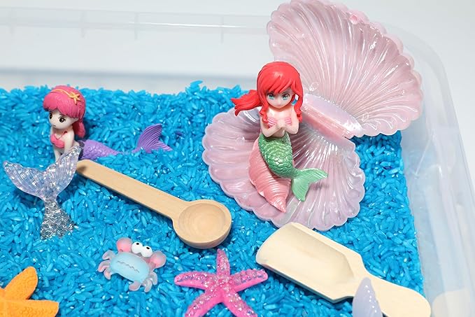 Mermaid Sensory Bin Kit for Kids – Blue Rice, Pinto Beans, Mermaids, Gems, Shells & Treasure Chest – Ocean-Themed Sensory Play with Storage Bin
