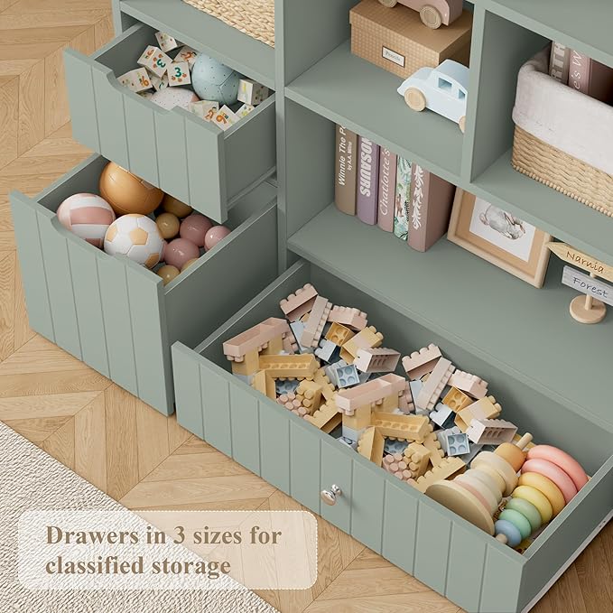 HORSTORS 48" W Kids Toy Storage Organizer, Large Toy Storage Chest with Removable Bins, 46" H Kids Bookshelf and Bookcase with Drawers for Boys and Girls, Modern Toy Box for Playroom, Classroom, Green