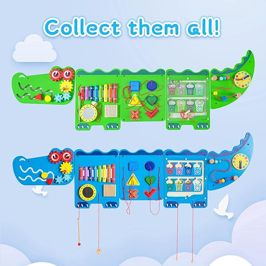 Crocodile Sensory Toys Activity Wall Panels, Educational Montessori Busy Board for Toddlers, Activity Cube - Sensory Wall, Wooden Learning Toys, Interactive Toy, Blue