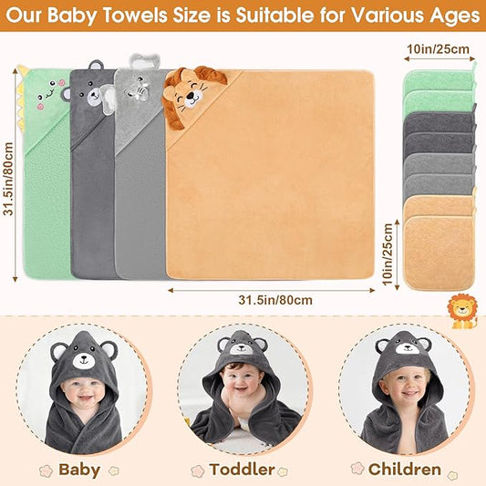 CandyHome 12 PCS Baby Bath Towels Set for Infants Toddlers, 4 PCS Animal Hooded Baby Towels & 8 PCS Washcloths Set, Ultra Absorbent Cute Soft Newborn Essentials Gift for Boys & Girls