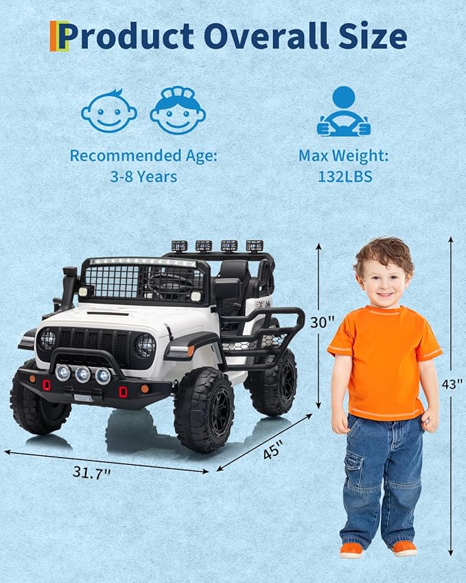 2 Seats 24V Kids Electric Ride on Car with Remote Control, 20" Large Seat with 2 Safety Belts, Two 200W Battery Powered Electric Vehicle for 3+ Years, LED Light,Music,Horn,USB Port, Riding Toy,White