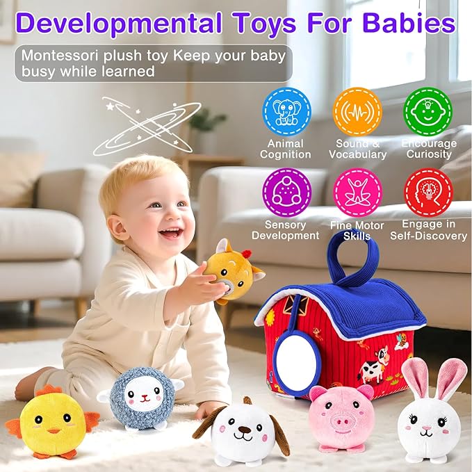 Baby Toys 6-12 Months, Barn Toy with Stuffed Farm Animals - Rattle, Crinkle Paper, Montessori Toys for 1 Year Old, Sensory Toy for Toddlers 1-3 Birthday Gifts Infant Christmas Stocking Stuffers