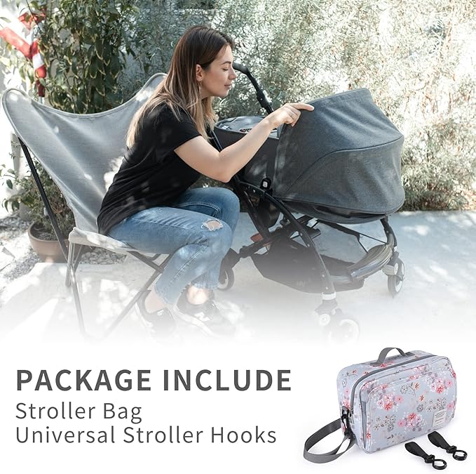 GOGOSO Baby Stroller Organizer Bag with Insulated Pocket, Universal Fit Most Strollers, Space for Diapers, Wipes & Toys, Flowers