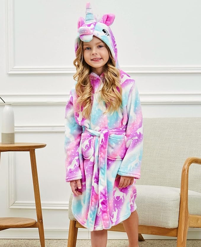 Soft Unicorn Hooded Robe with Matching Slippers Headband and Blindfold for Girls