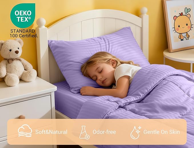 ZPECC Toddler Bedding Set - 4 Piece Hypoallergenic Baby Crib Bedding Set for Boys and Girls, Includes Toddler Comforter, Flat Sheet, Fitted Sheet and Pillowcase, Purple Stripe