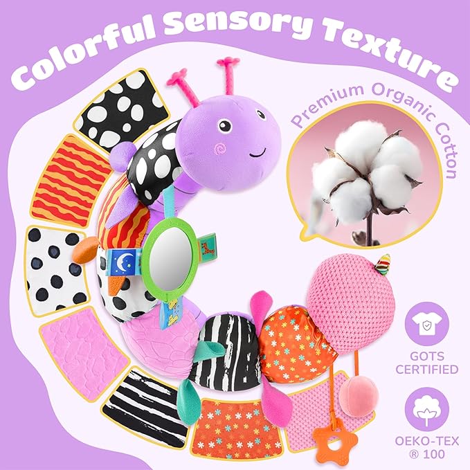 Baby Toys 6-12 Months Music Caterpillar Infant Toys Stuffed Animals 0-3-6 Months Teething Tummy Time Sensory Toys with Mirror Rattle&Pull String for Boys Girls Birthday Gifts|Lavender Purple