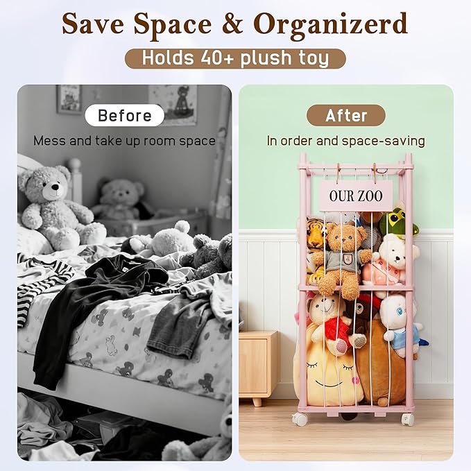 Edudif Stuffed Animal Storage Zoo, Wooden Stuffed Animal Organizer with Removable Wheels & 5-Row Elastic Cords, Space-Saving Plush Toy Storage Holder for Playroom, Bedroom, Nursery