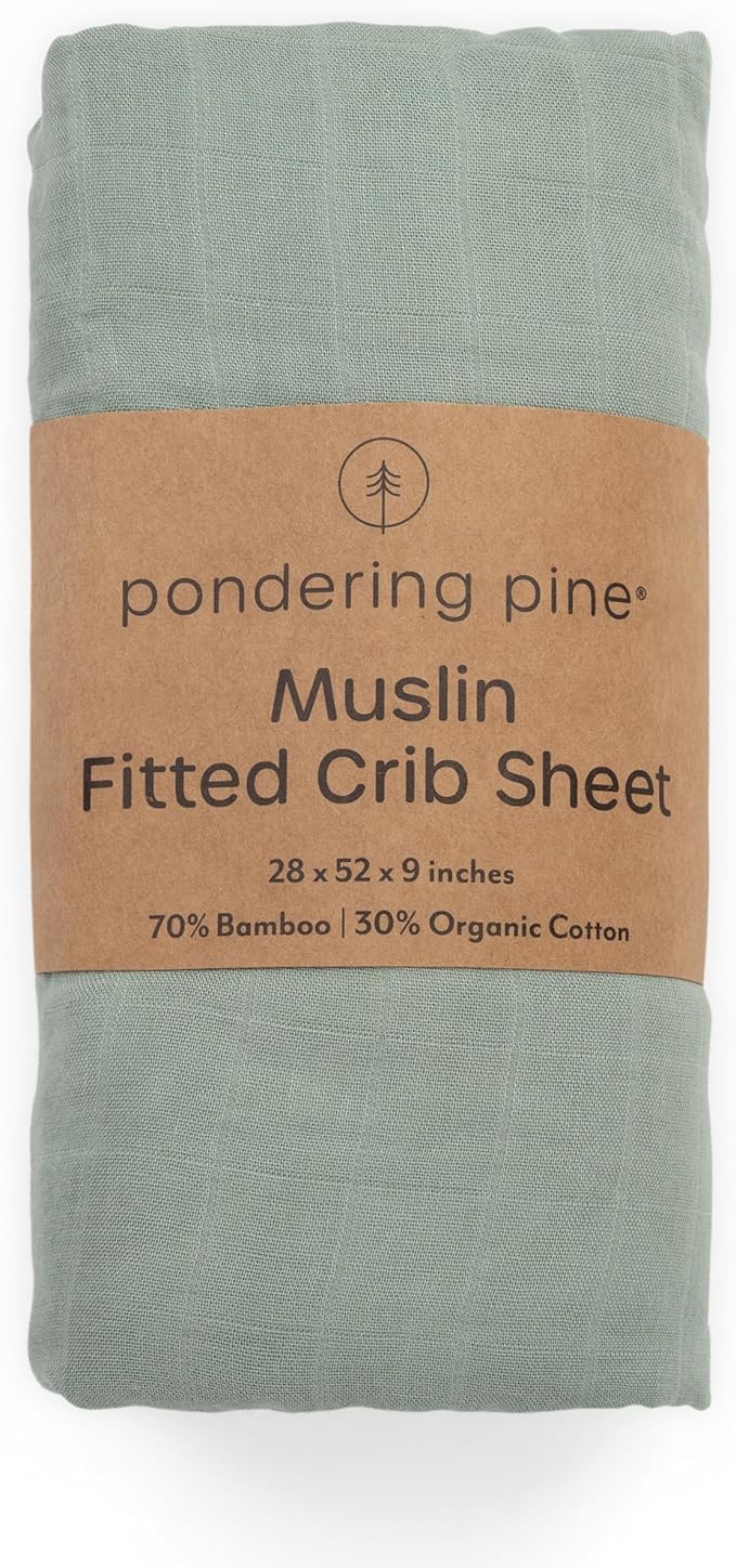 Organic Muslin Fitted Crib Sheet - Organic Crib Sheet for Standard Crib and Toddler Mattresses, Soft and Breathable, Solid Sage Green, Boho Baby, 28”x52”