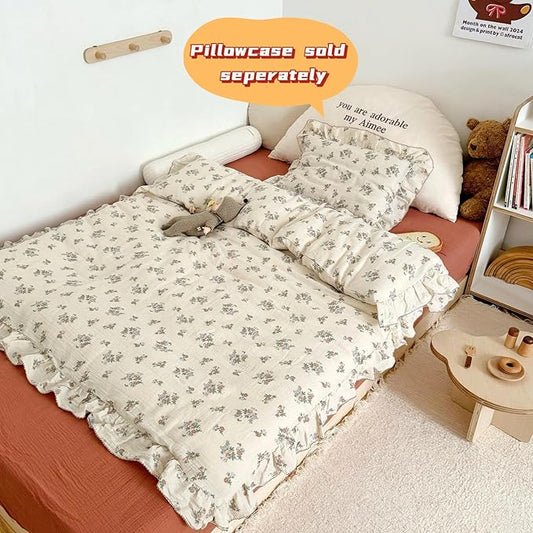 BuLuTu Muslin Floral Duvet Cover for Toddler Girls, Chic Shabby Aesthetic Kids Duvet Covers with Ruffles, All Seasons Gauze Cotton Toddler Bed Comforter Cover with Zipper, 47"x59", No Pillowcases
