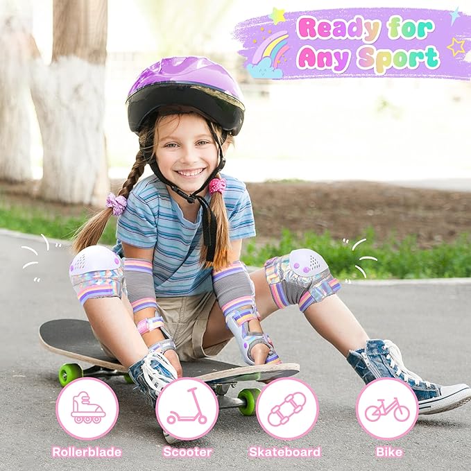 Knee Pads for Kids - ZOOBLISS Toddler Knee and Elbow Pads Set Wrist Guards for Skating Girls Aged 3-12, Kids Protective Gear for Roller Skates Skateboard Bike Scooter, Included Drawstring Bag(Rainbow)