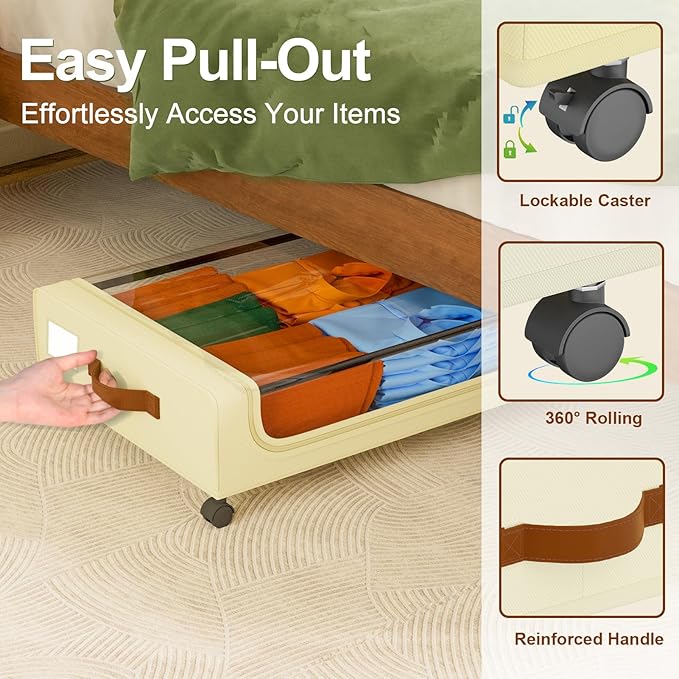 GoMaihe Under Bed Storage with Wheels: XXL Underbed Storage Containers with Lids - Rolling Bins for Shoes Clothes in Dorm Bedroom - Metal Drawers Easy Pull-out Beige 2-Pack